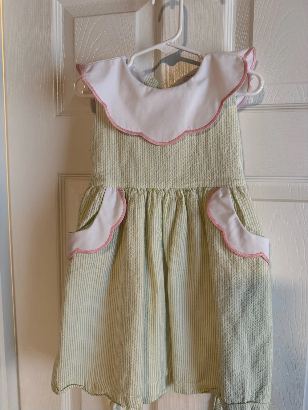 Sophie and Lucas Girls' Green Striped Dress with Pink Trim - 4T